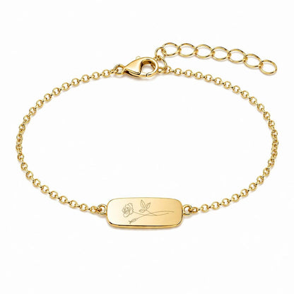 Personalized Rectangle Birth Flower Engraved Bracelet 925 Silver 18K Vermeil Gold Plated 13x8 mm Charm