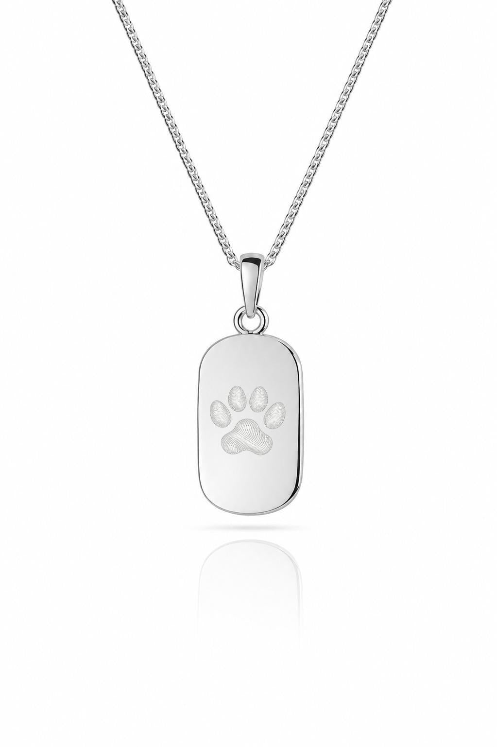 Engravable Necklace Rectangle Pendant 8x13 mm Paw Print Nose Print 925 Sterling Silver Rhodium Plated