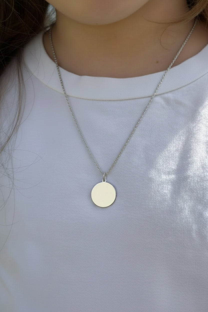 Personalized Engraved Necklace Initials Names Date Pendant Round 925 Sterling Silver Rhodium Plated 16 mm