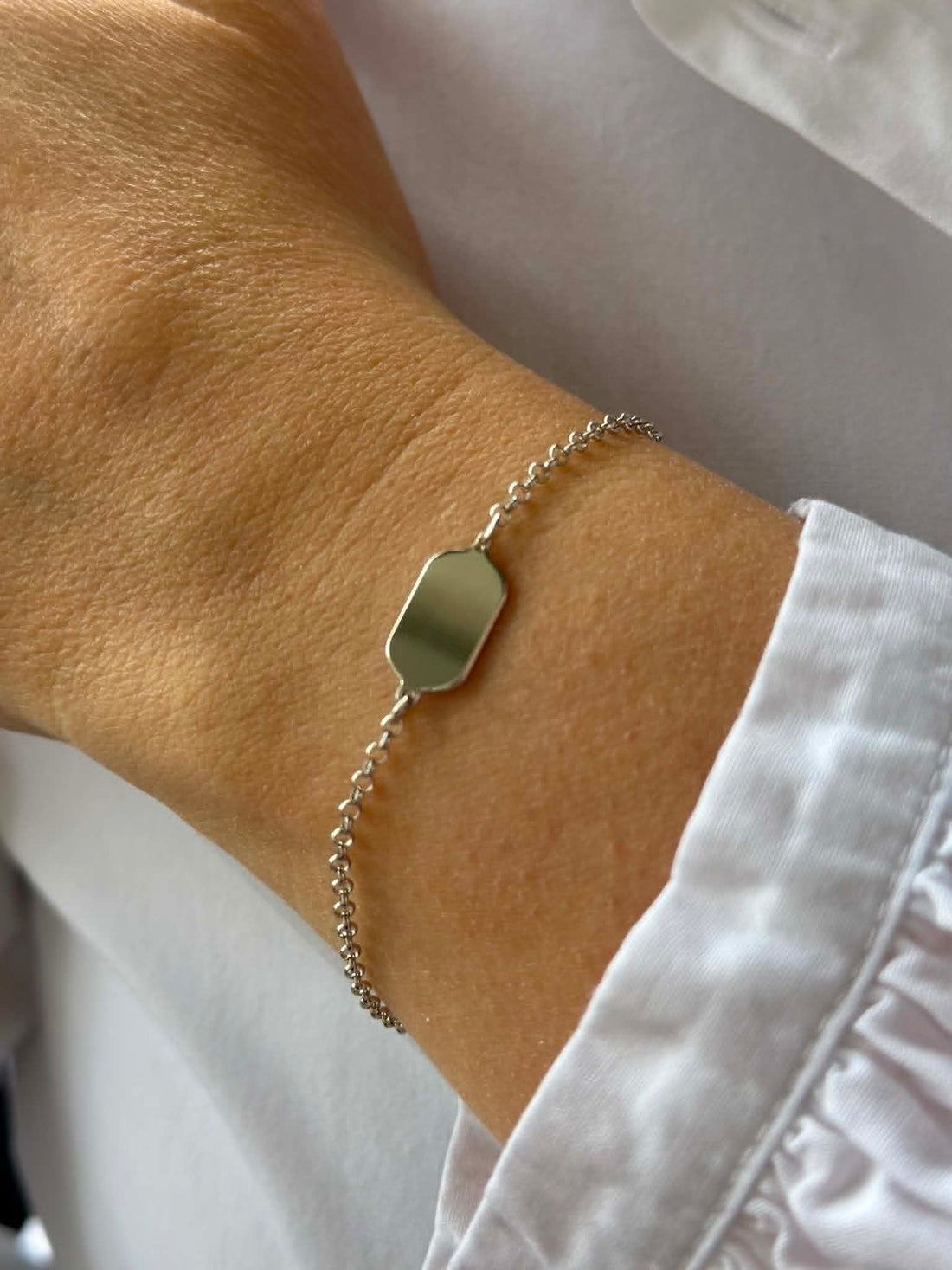 Personalized rectangular bracelet with fingerprint engraving, 925 rhodium-plated silver, 13x8 mm plate