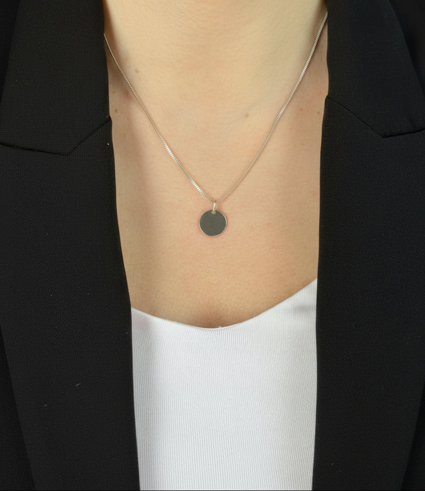 Personalized Necklace Pendant Round 12mm with Engraving 925 Silver Rhodium Plated - Initials, Names & Date