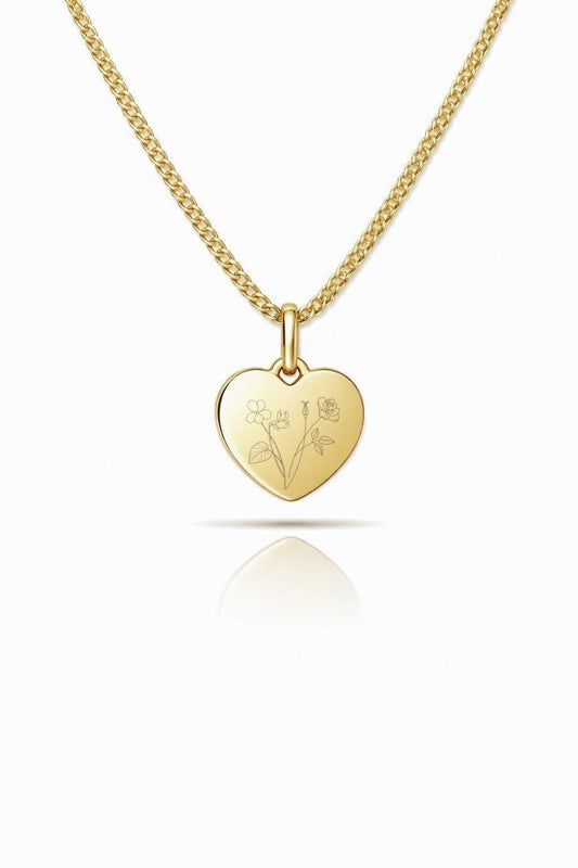 Personalized Heart Necklace Pendant Engraving Birth Flower 925 Silver 18K Gold Plated