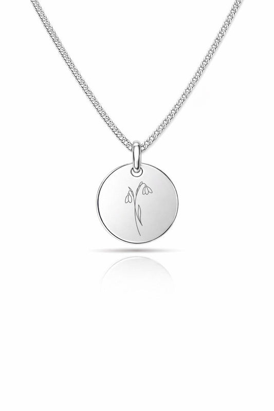 Personalized Necklace Pendant Birth Flower Engraving 925 Sterling Silver Rhodium Plated 12 mm