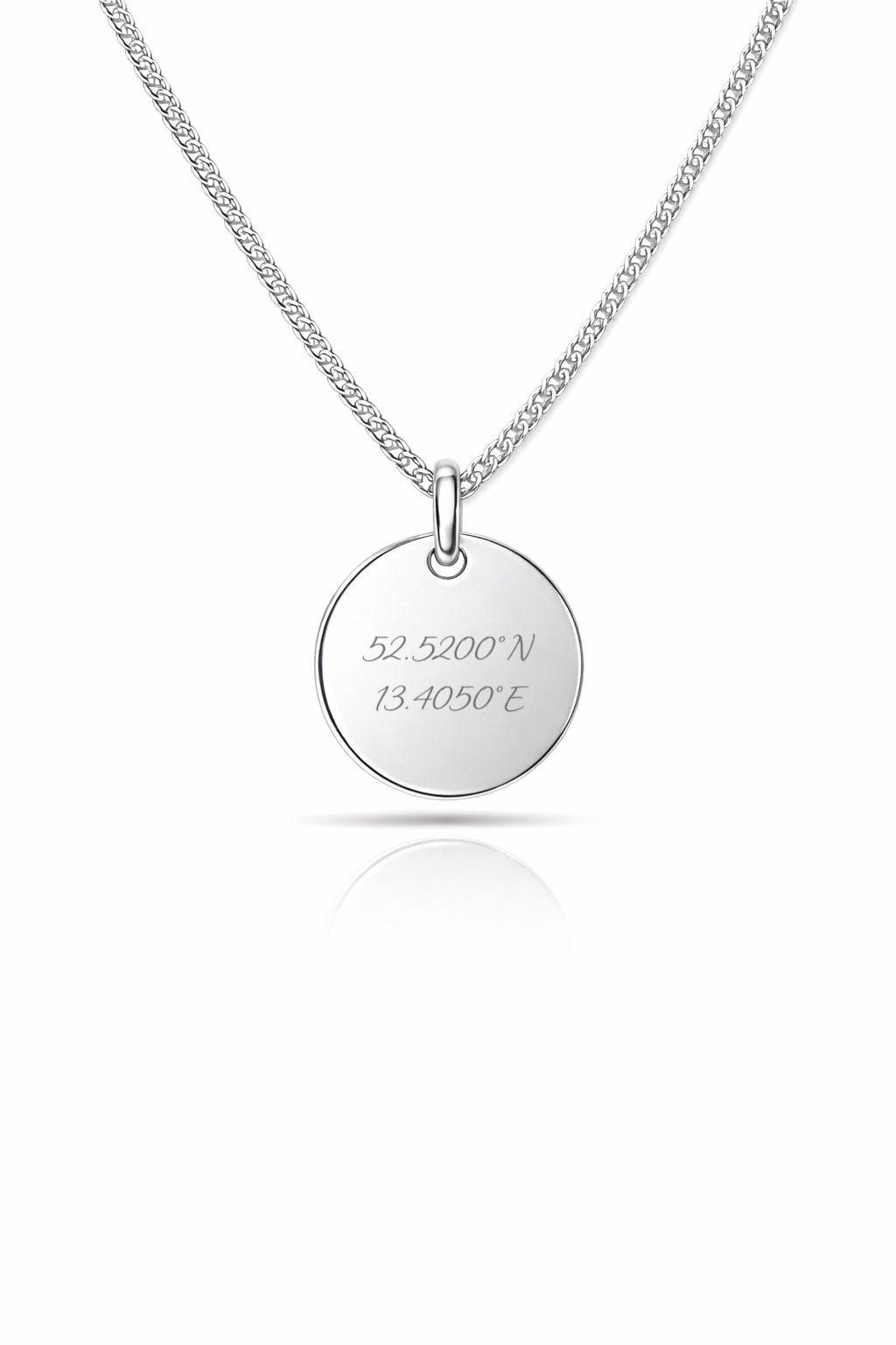 Personalized Necklace Round Pendant with Coordinates Engraving 925 Silver Rhodium Plated 12 mm