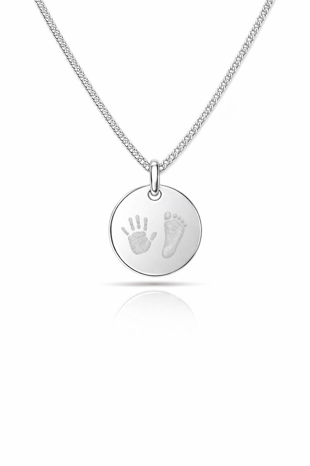 Personalized Necklace Round Pendant Handprint or Footprint Engraving 925 Sterling Silver Rhodium Plated 12 mm