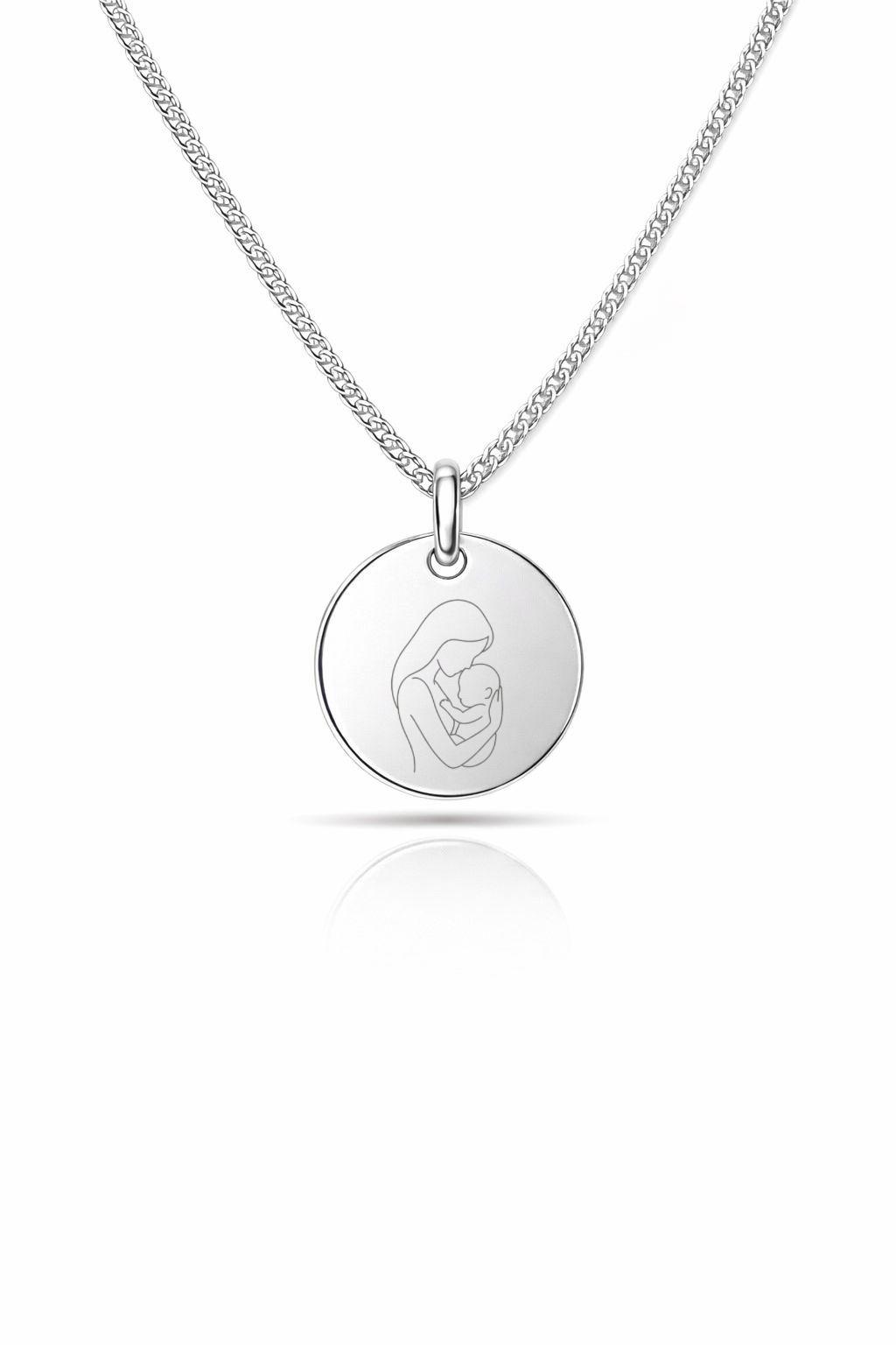 Personalized Necklace Round Pendant with Photo Engraving 925 Silver Rhodium Plated 12 mm