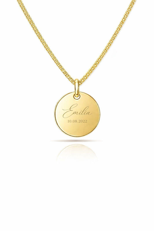 Personalized Necklace Round Pendant with Engraving 925 Silver 18K Gold Plated 12mm - Initials, Names & Date