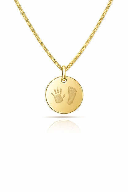 Personalized Necklace Round Pendant Handprint Footprint Engraving 925 Silver 18K Gold Plated 12 mm