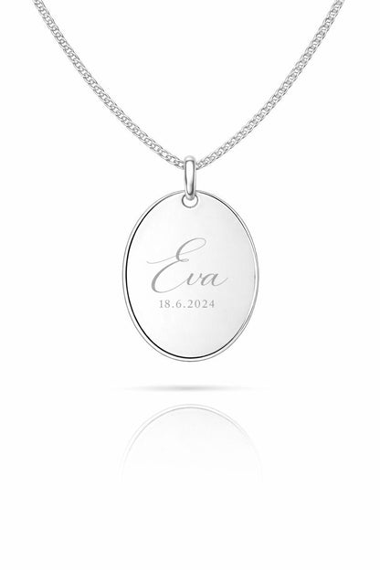 Personalized Necklace Engraving Name Initials Date Oval Pendant 925 Silver Rhodium Plated 18x24 mm