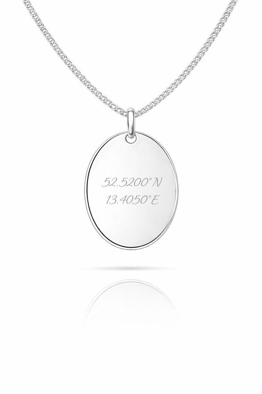 Engraved Necklace Men's Coordinates Oval Pendant 925 Sterling Silver Rhodium-Plated 18x24 mm