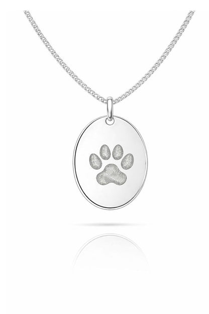 Engraved Necklace Men's Paw Print Nose Print Oval Pendant 925 Sterling Silver Rhodium Plated 18x24 mm