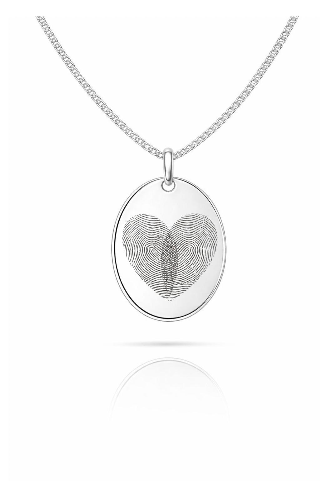 Engraved Necklace Men's Fingerprint Oval Pendant 925 Silver Rhodium Plated 18x24 mm