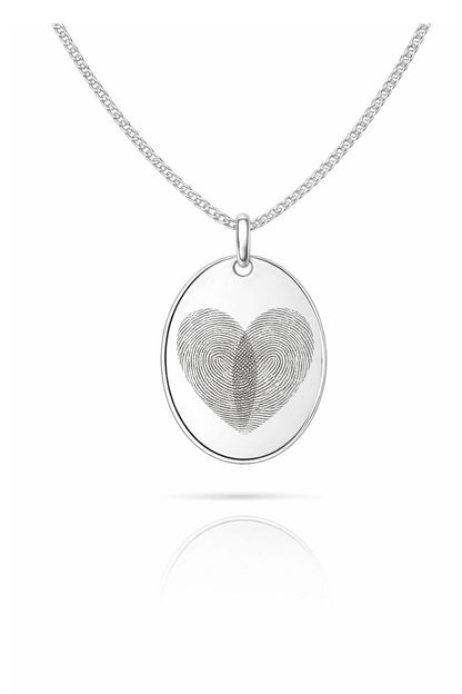 Engraved Necklace Men's Fingerprint Oval Pendant 925 Silver Rhodium Plated 18x24 mm