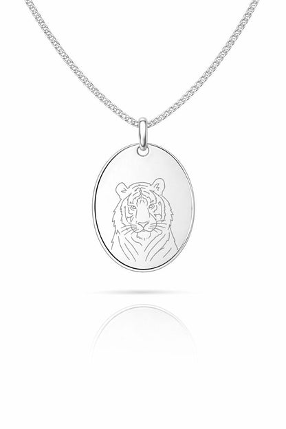 Engraved Necklace Men Pictures Engraving Graphic Oval Pendant 925 Silver Rhodium Plated 18x24 mm