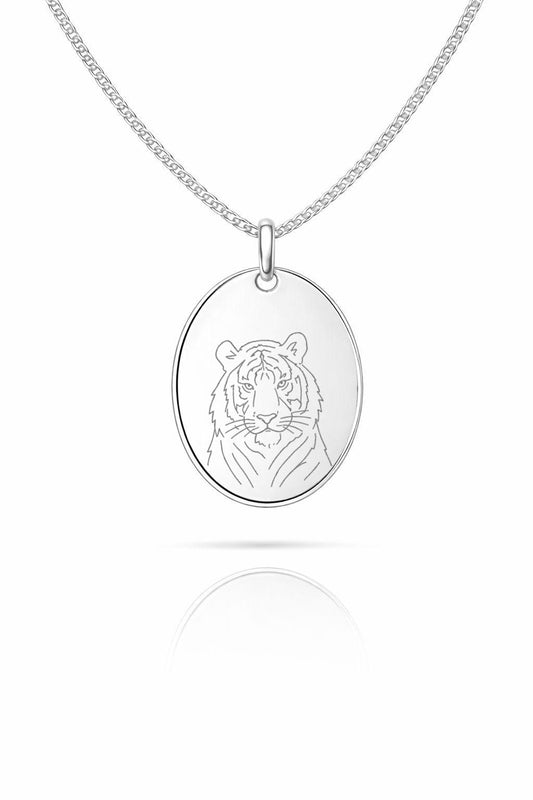 Engraved Necklace Men Pictures Engraving Graphic Oval Pendant 925 Silver Rhodium Plated 18x24 mm