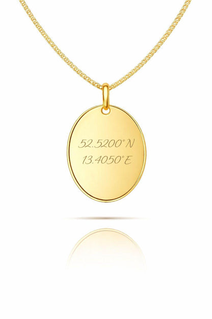 Engraved Necklace Men's Coordinates Oval Pendant 925 Silver 18K Gold Plated 18x24 mm