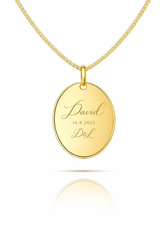 Personalized Necklace Engraving Name Initials Date Oval Pendant 925 Silver 18K Gold Plated 18x24 mm