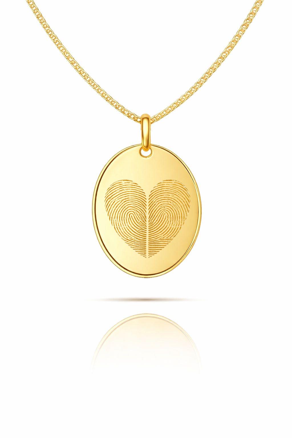 Engraved Necklace Men's Fingerprint Oval Pendant 925 Silver 18K Gold Plated 18x24 mm