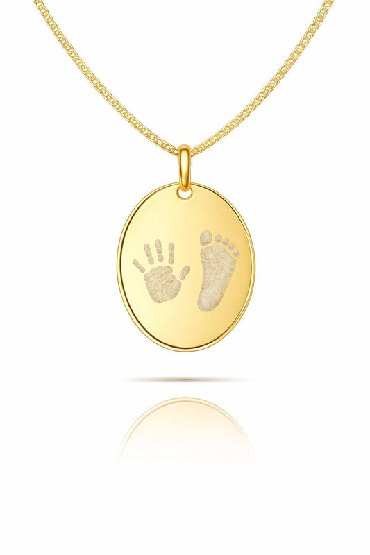 Gravurhalskette Herren Handabdruck Fußabdruck Oval Anhänger 925 Silber 18K Vergoldet 18x24 mm