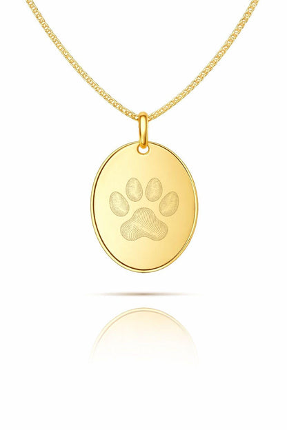 Engraved Necklace Men's Paw Print Nose Print Oval Pendant 925 Silver 18K Gold Plated 18x24 mm
