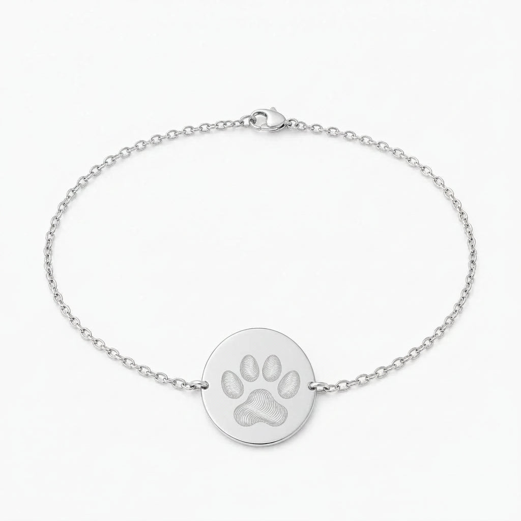 Personalized Round Paw Print Nose Print Engraved Bracelet 925 Sterling Silver Rhodium Plated 17 mm