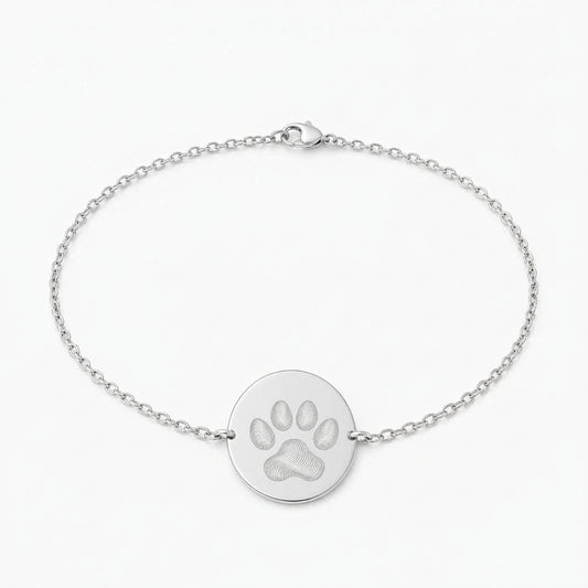 Personalized Round Paw Print Nose Print Engraved Bracelet 925 Sterling Silver Rhodium Plated 17 mm