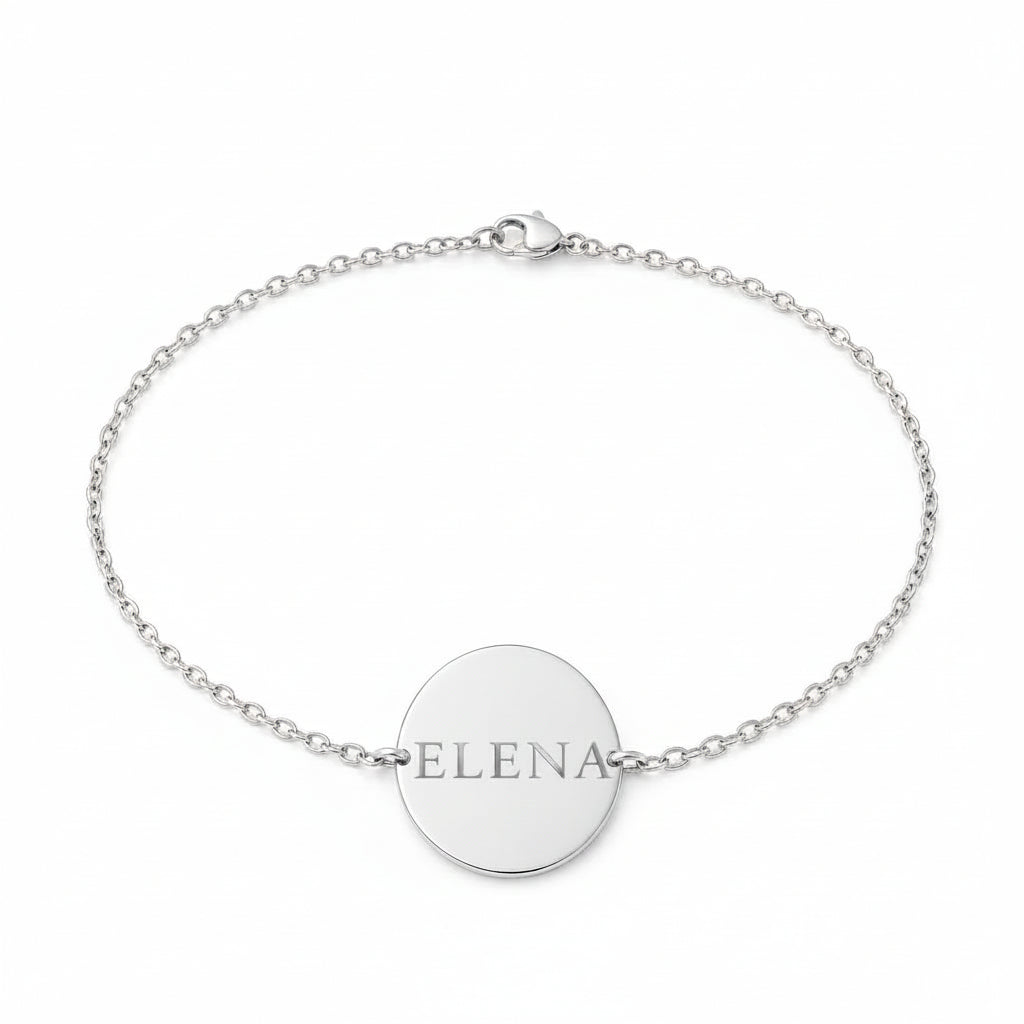 Personalized Round Engraved Bracelet Initials Name Date 925 Sterling Silver Rhodium Plated 17 mm