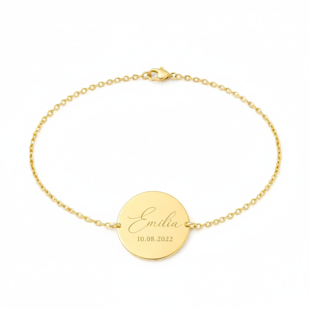 Personalized Round Bracelet Engraving Initials Names Date 925 Silver 18K Gold Plated 17 mm