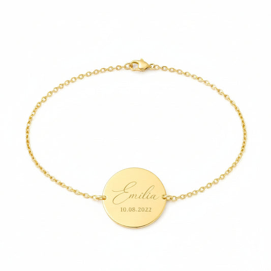 Personalized Round Engraved Bracelet Initials Name Date 925 Silver 18K Gold Plated 17 mm
