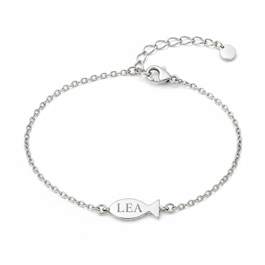 Personalized Fish Charm Bracelet 16.8mm Engraving 925 Sterling Silver Rhodium Plated