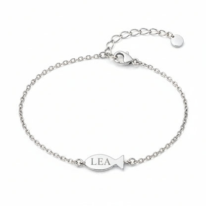 Personalized Fish Charm Bracelet 16.8mm Engraving 925 Sterling Silver Rhodium Plated