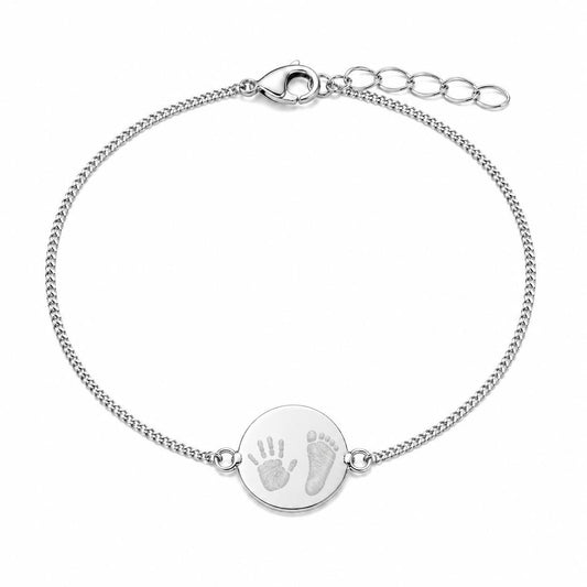 Personalisiertes Armband rund Handabdruck Fußabdruck Gravur 925 Silber Rhodiniert 12 mm Plättchen