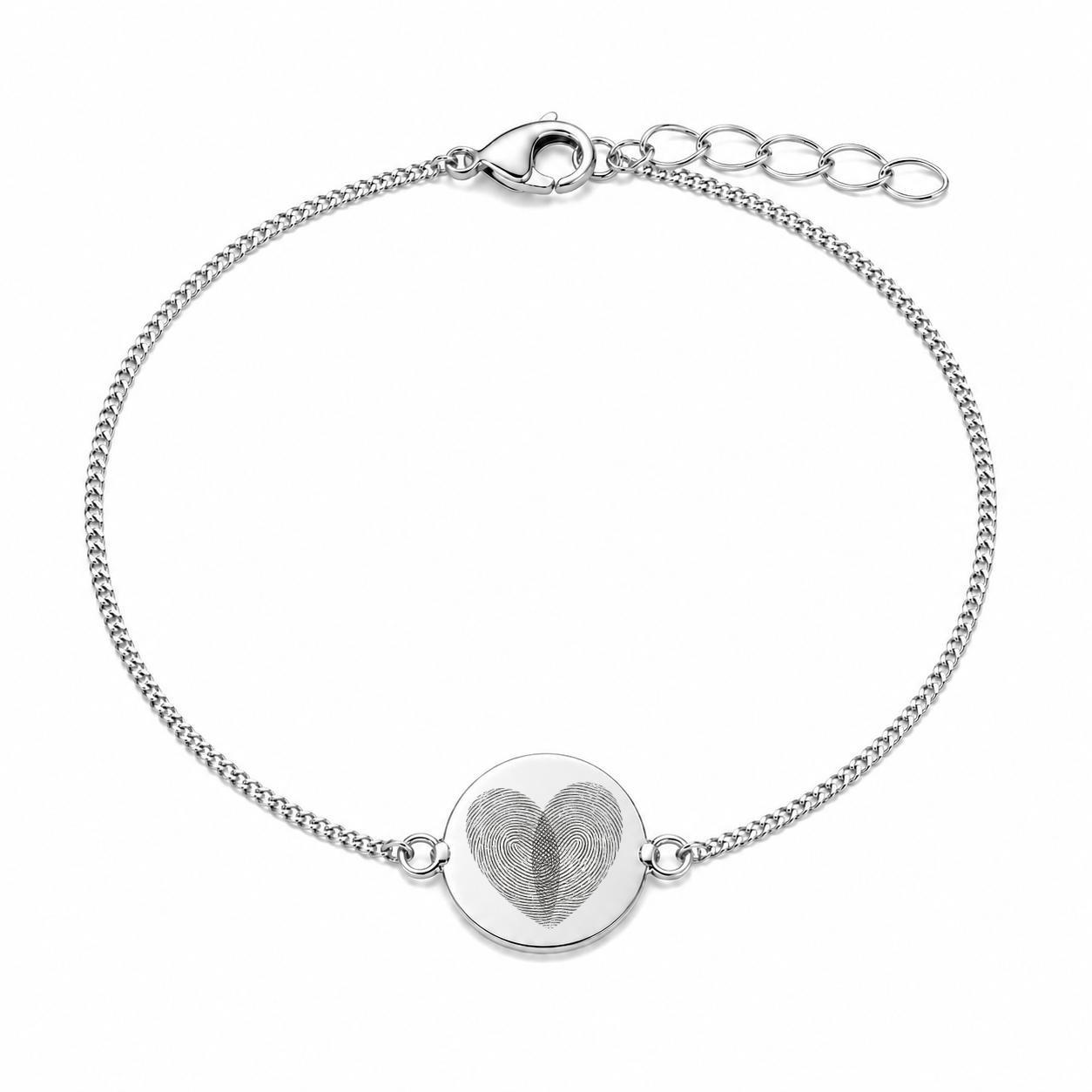Personalized Bracelet Round Fingerprint Engraving 925 Sterling Silver Rhodium Plated 12 mm Disc