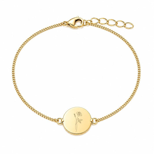 Personalized Round Birth Flower Engraving Bracelet 925 Silver with 18K Vermeil Gold Plating 12 mm Disc