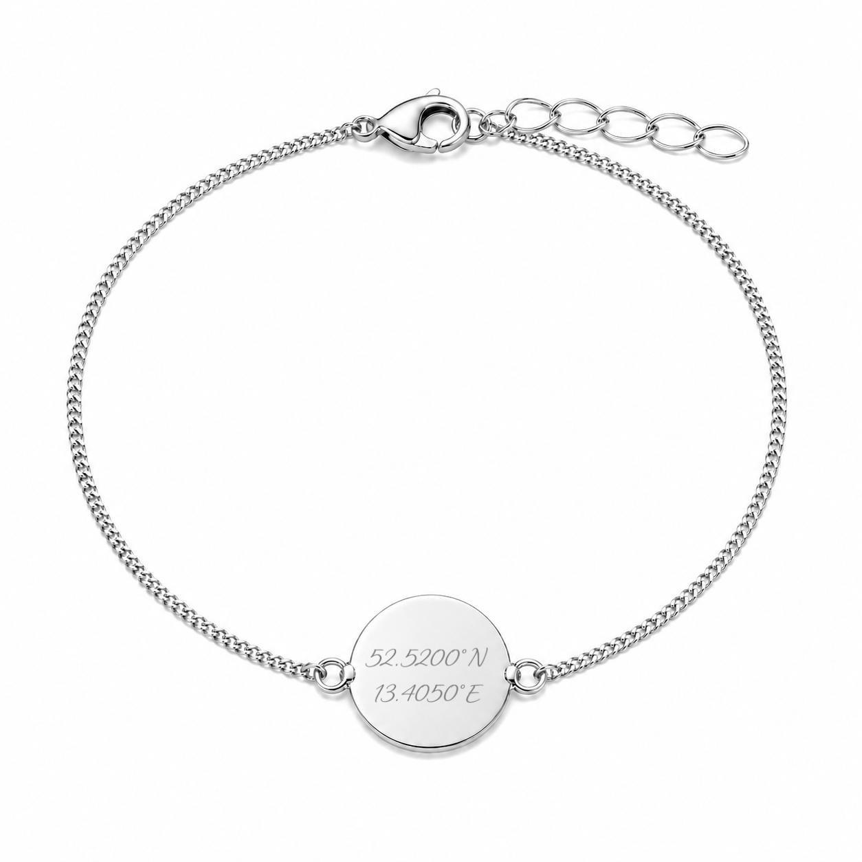 Personalized Round Coordinate Engraved Bracelet 925 Sterling Silver Rhodium-Plated 12 mm Disc