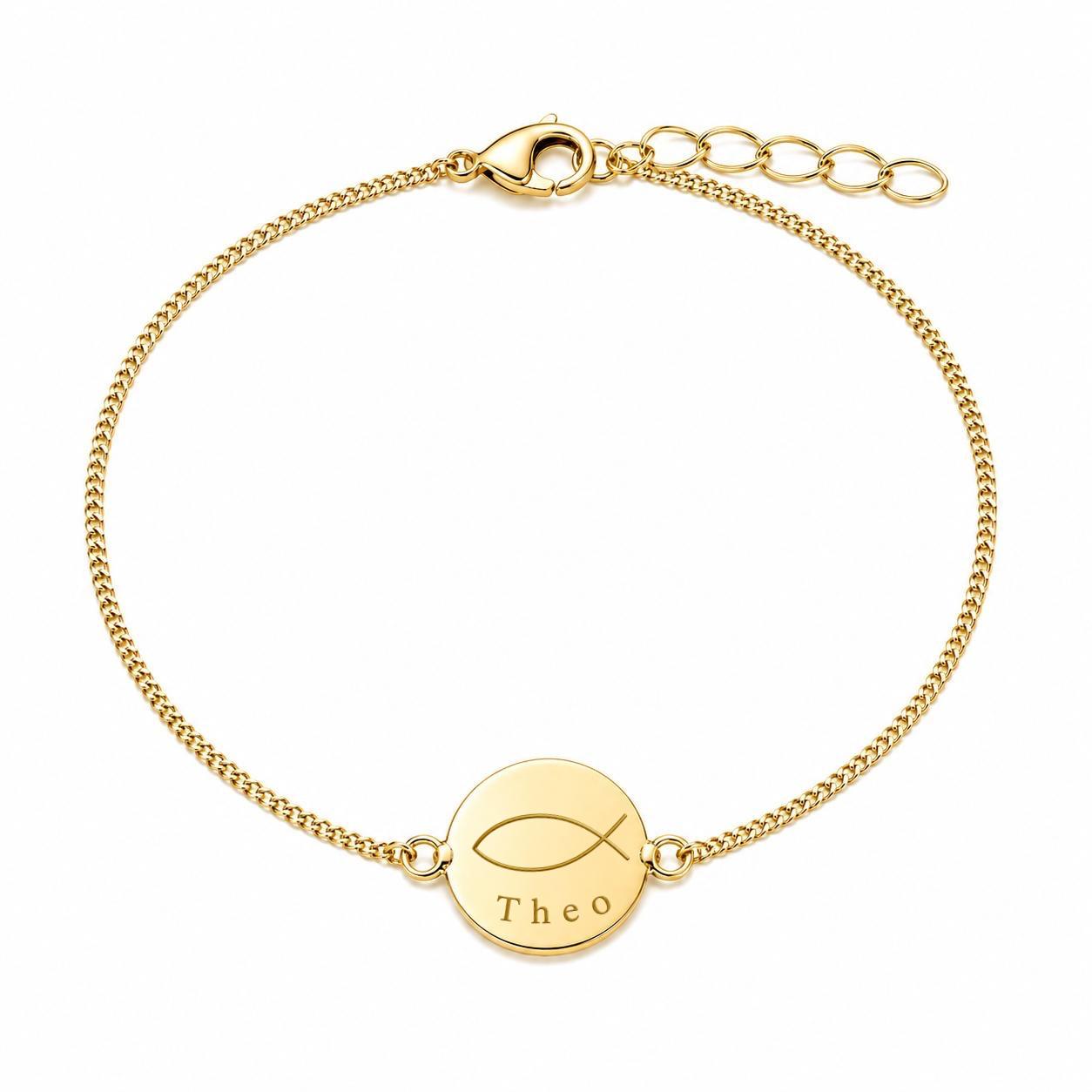 Personalized Bracelet Round Curb Chain Christening Engraving 925 Silver 18K Vermeil Gold Plated 12 mm Plate