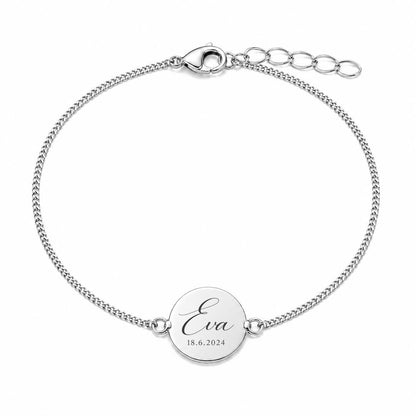 Personalized Round Bracelet Engraving Name Initials Date 925 Sterling Silver Rhodium-Plated 12 mm Disc