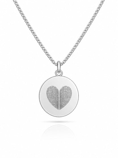 Personalized Engraved Fingerprint Necklace Pendant Round 925 Sterling Silver Rhodium Plated 16 mm