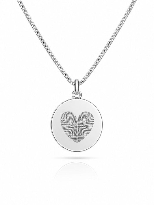 Personalized Engraved Fingerprint Necklace Round Pendant 925 Sterling Silver Rhodium Plated 16 mm
