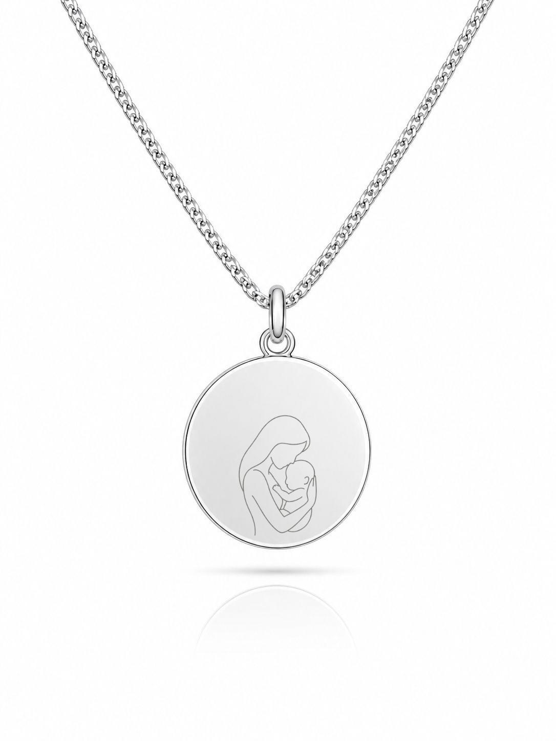 Personalized engraved necklace with pictures or graphics made of rhodium-plated 925 silver. Round 16 mm engraving plate