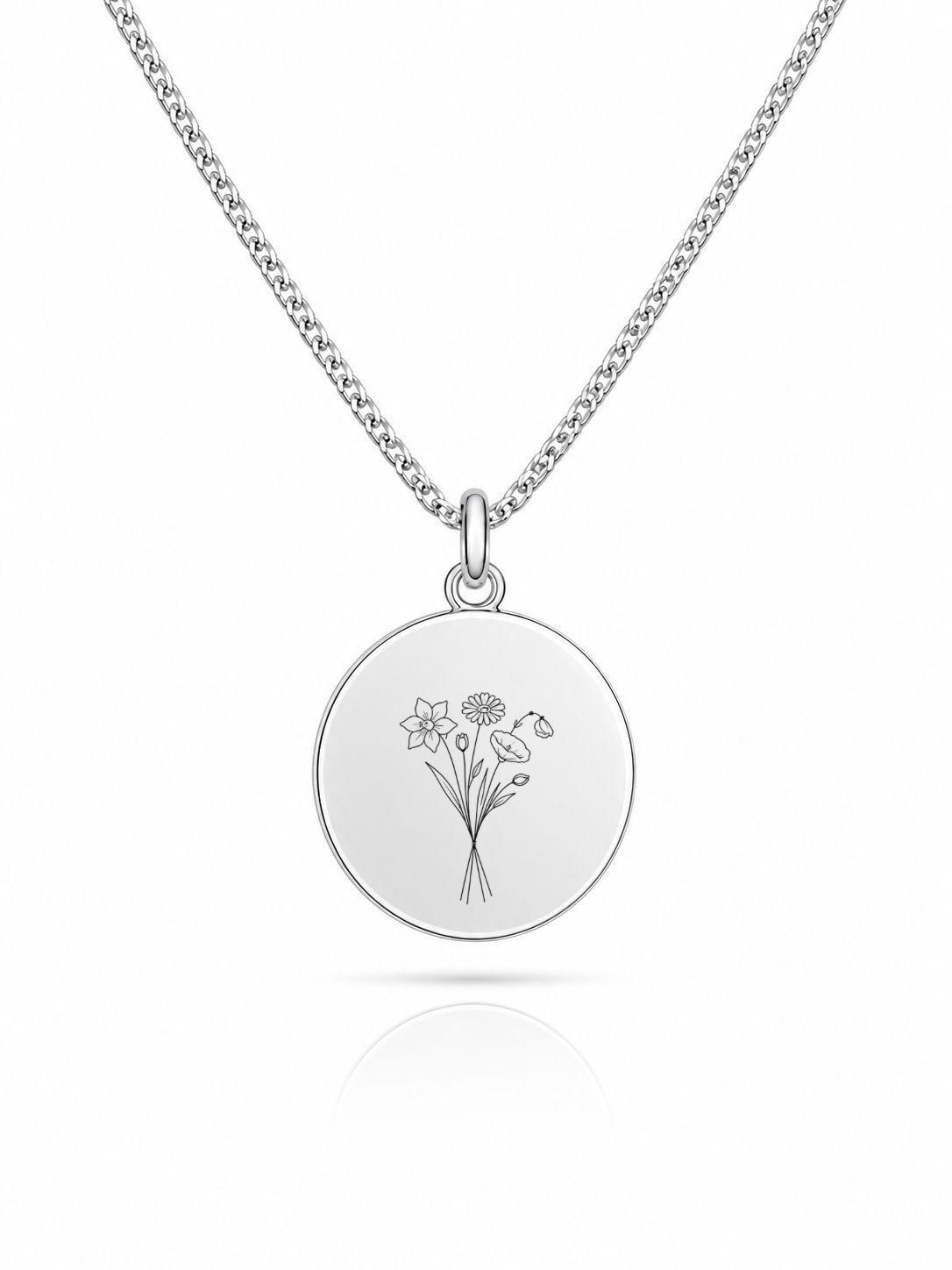 Personalized Engraved Necklace Birth Flower Pendant Round 925 Sterling Silver Rhodium Plated 16 mm
