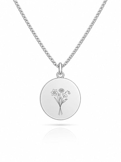 Personalized Engraved Necklace Birth Flower Pendant Round 925 Sterling Silver Rhodium Plated 16 mm