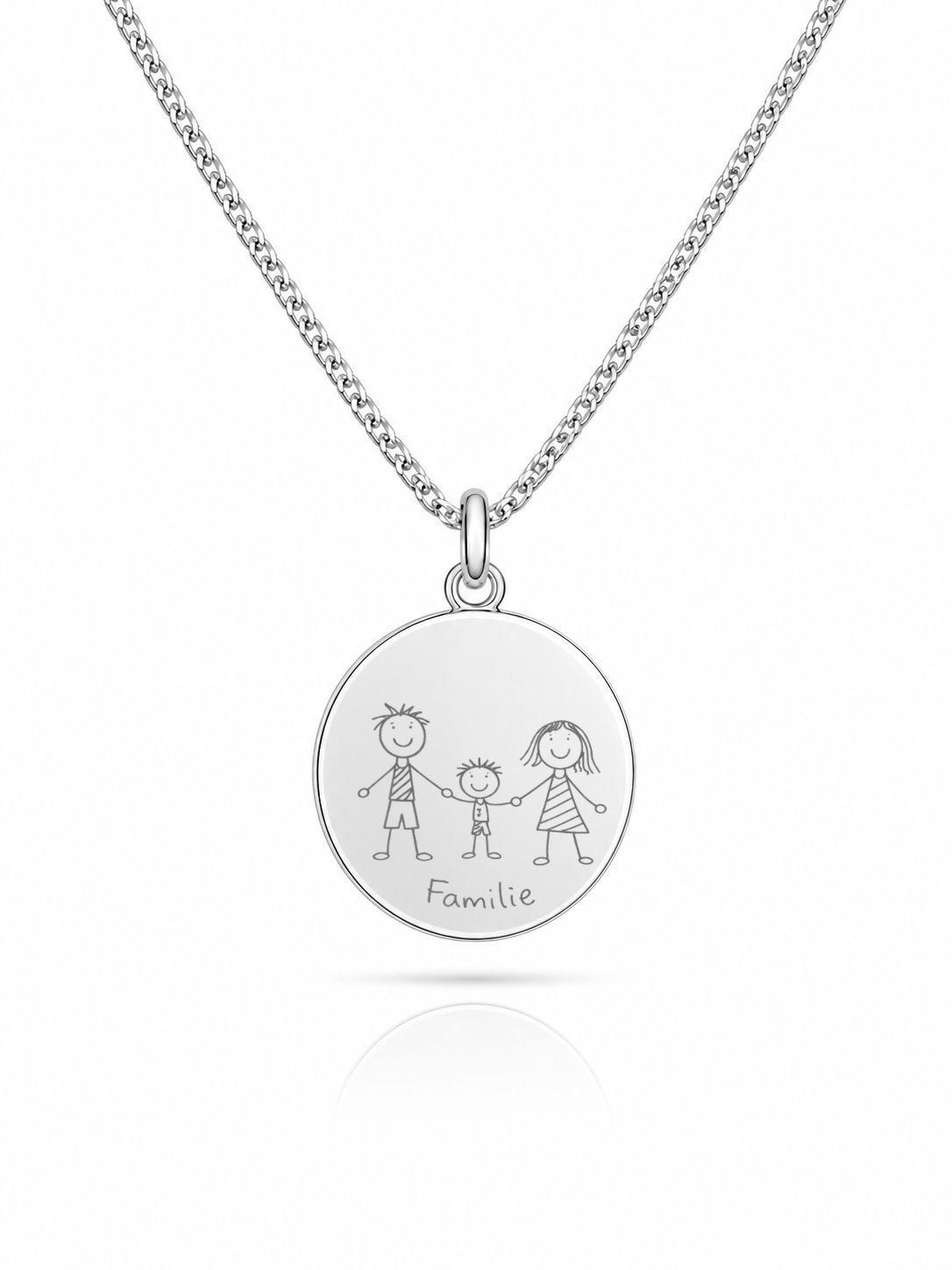 Personalized Engraved Necklace Own Handwriting Children's Drawing Pendant Round 925 Sterling Silver Rhodium Plated 16 mm