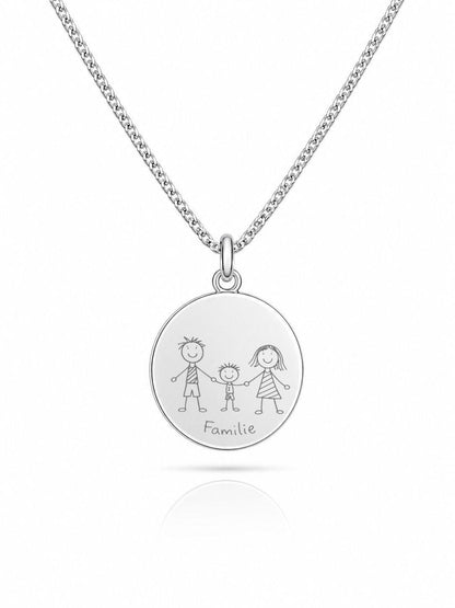 Personalized Engraved Necklace Own Handwriting Children's Drawing Pendant Round 925 Sterling Silver Rhodium Plated 16 mm