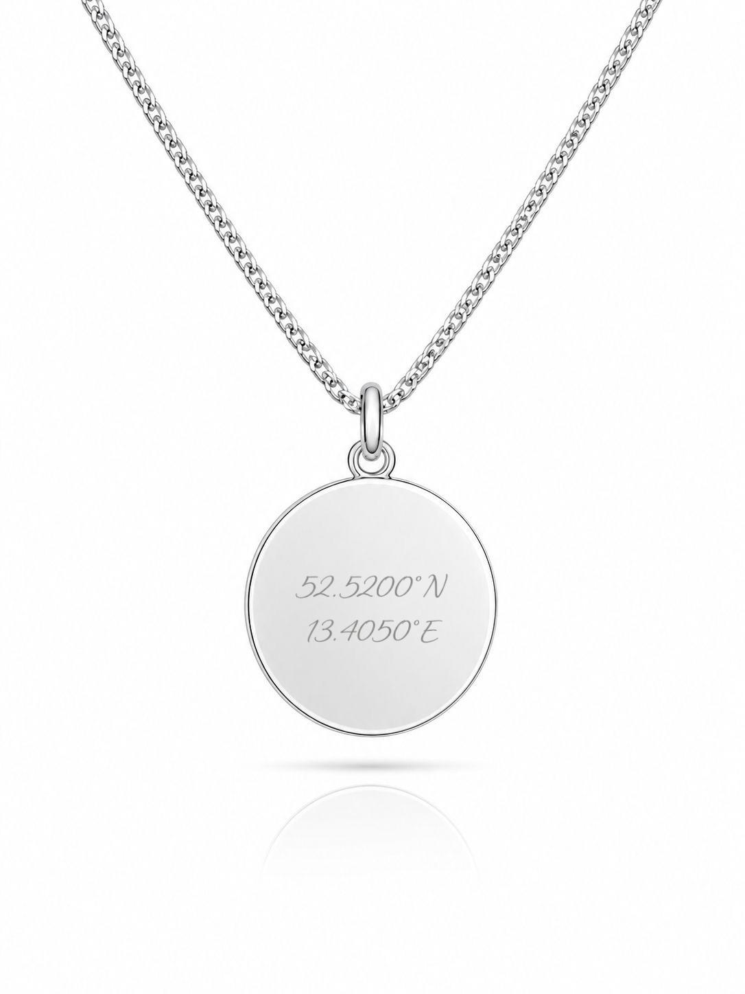 Personalized Engraved Necklace Coordinates Pendant Round 925 Sterling Silver Rhodium Plated 16mm