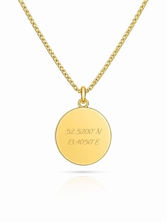 Personalized Engraved Necklace Coordinates Pendant Round 925 Silver 18K Vermeil Gold Plated 16 mm