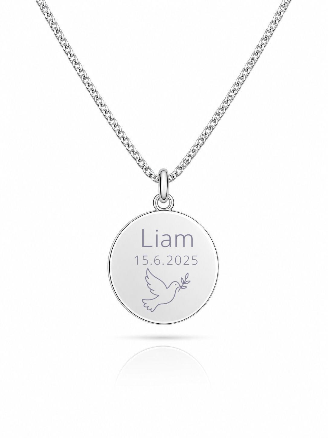 Personalized Engraved Necklace Communion Pendant Round 925 Silver Rhodium Plated 16 mm