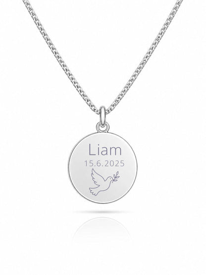 Personalized Engraved Necklace Communion Pendant Round 925 Silver Rhodium Plated 16 mm