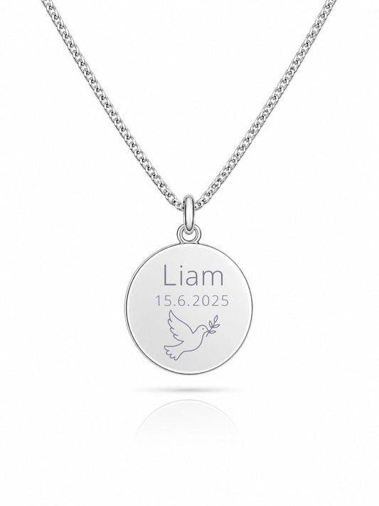 Personalized Engraved Necklace Communion Pendant Round 925 Silver Rhodium Plated 16 mm