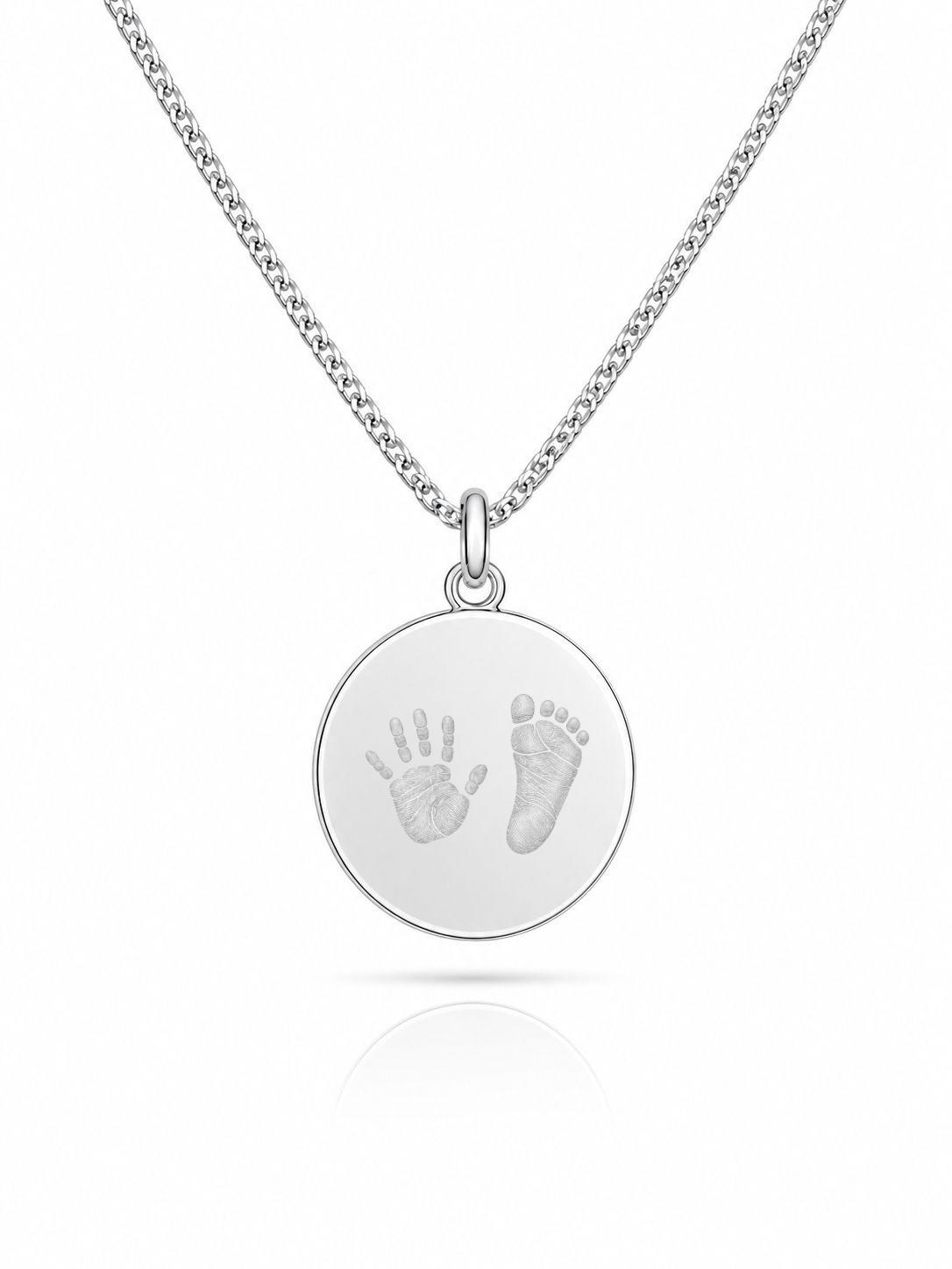 Personalized Engraved Handprint Footprint Necklace, Round 925 Silver Rhodium Plated, 16 mm